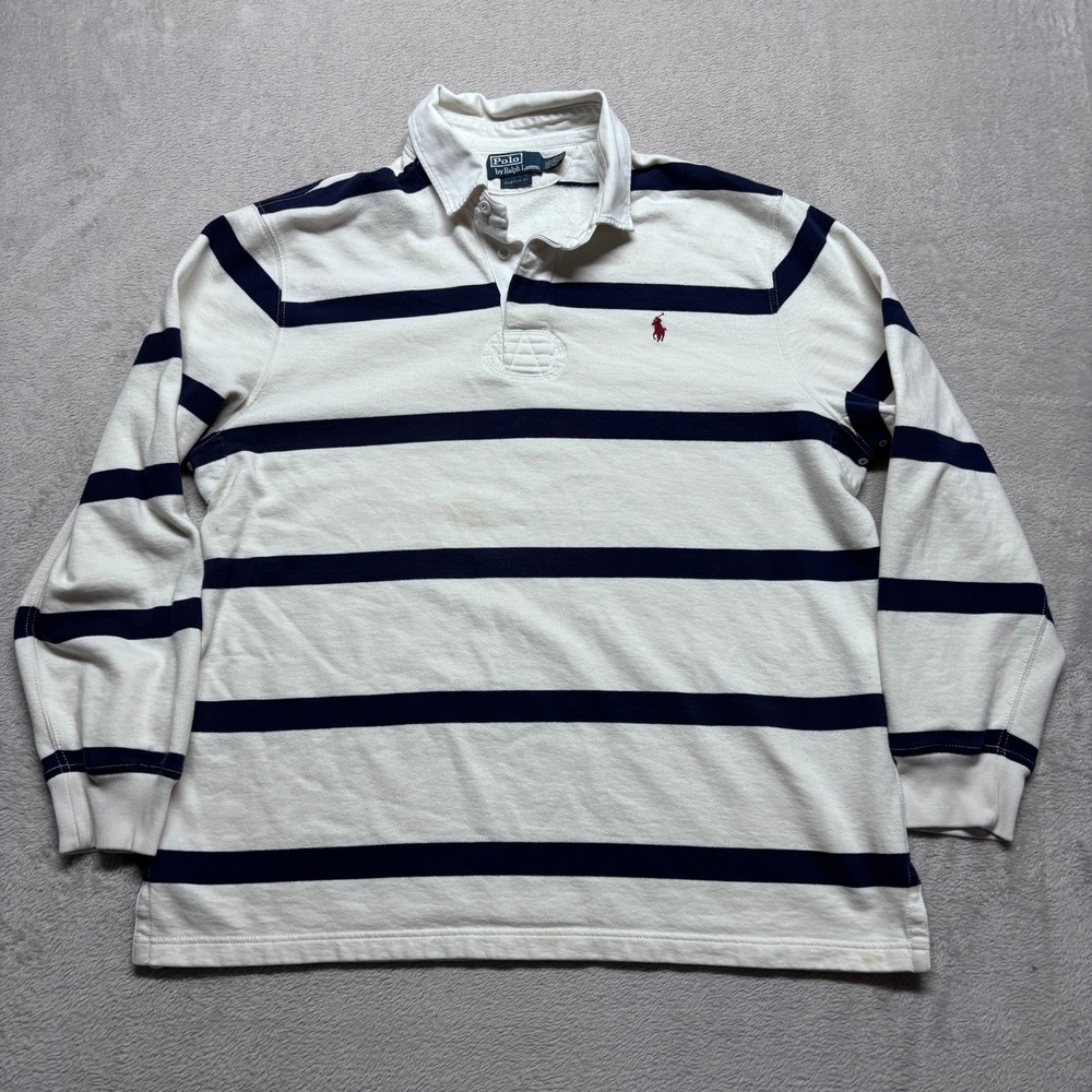 Polo Ralph Lauren Custom Fit Rugby Shirt Mens XXL 2XL White Navy Blue Striped
